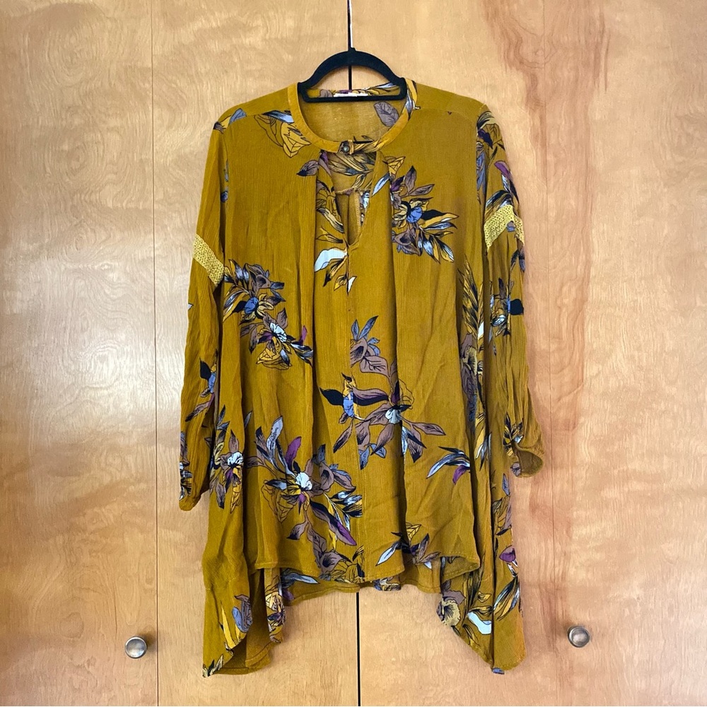 STAR (Free People) Long Sleeve, Mustard, Floral Trapeze Tunic Top